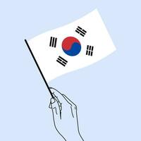 kvinna hand innehav söder korea flagga i henne hand med linje konst stil. söder korea flagga. vektor illustration