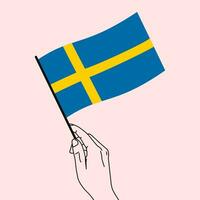 Frau Hand halten Schweden Flagge im ihr Hand mit Linie Kunst Stil. Schweden Flagge. Vektor Illustration