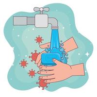 covid 19-virus på handtvätt och vattenkranvektordesign vektor