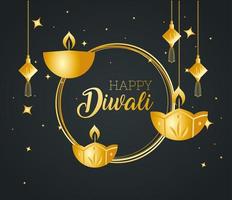 glad diwali med diya ljus och förmögenhet galgar vektor design