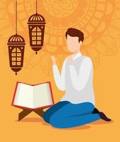 Ramadan Kareem Poster mit hängenden Laternen und muslimischem Mann vektor