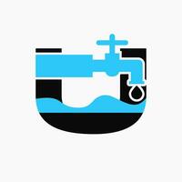 brev u rörmokare logotyp design. VVS logotyp symbol med vatten och vatten kran ikon vektor