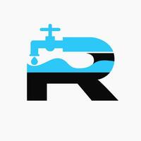 Brief r Klempner Logo Design. Installation Logo Symbol mit Wasser und Wasser Zapfhahn Symbol vektor