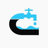 brev c rörmokare logotyp design. VVS logotyp symbol med vatten och vatten kran ikon vektor