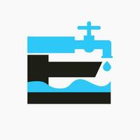 Brief e Klempner Logo Design. Installation Logo Symbol mit Wasser und Wasser Zapfhahn Symbol vektor