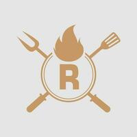brev r restaurang logotyp med grill gaffel och spatel ikon. varm grill symbol vektor