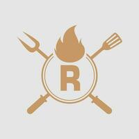 Brief r Restaurant Logo mit Grill Gabel und Spatel Symbol. heiß Grill Symbol vektor