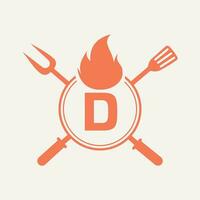 brev d restaurang logotyp med grill gaffel och spatel ikon. varm grill symbol vektor