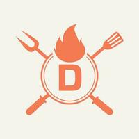 Brief d Restaurant Logo mit Grill Gabel und Spatel Symbol. heiß Grill Symbol vektor