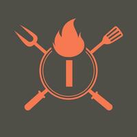 brev jag restaurang logotyp med grill gaffel och spatel ikon. varm grill symbol vektor