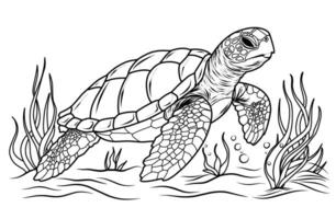 groß Ozean Schildkröte, süß gestreift Fische im das unter Wasser Welt mit Algen, Sand, Luftblasen auf Weiß isoliert Hintergrund. gut zum Kinder und Erwachsene Färbung Buch Seiten. vektor