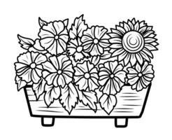 Färbung zum Kinder. Komposition mit Sonnenblumen im das Balkon Schublade, Färbung Herbst Thema vektor