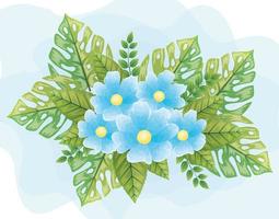 söta blommor blå färg med blad naturals vektor