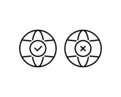 Weltsymbol - Vektor. Symbol für den schwarzen Planeten. Globussymbol im flachen Stil, isoliert. Häkchen und Kreuzsymbol mit Planetenerde. ja oder nein Konzept vektor