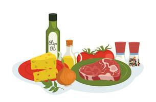 uppsättning av mat Ingredienser för matlagning maträtter med kött och grönsaker. vektor grafisk.