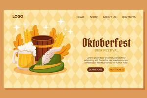 oktoberfest tysk öl festival landning mall design. design med tyrolean hatt, öl råna med skum, trä- tunna, Tyskland färger festlig krans, vete och löv. ljus gul romb mönster vektor