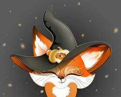 süß flauschige rot Karikatur Hexe Fuchs schließen oben mit Halloween Hexe Hut und Spinnennetz auf Augen vektor