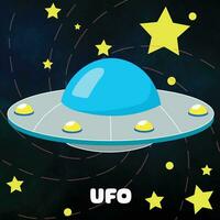 Hand gezeichnet kawaii Stil von das UFO. Vektor Illustration Raum Transport fliegend Untertasse zum erkunden das Galaxis Raum.