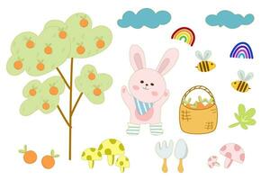 Hase Hase Garten einstellen Sommer Elemente, orange, Baum, Picknick, Korb, Pilze, Regenbogen, Wolke, süß Karikatur. Vektor Illustration