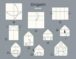 Haus Origami planen Lernprogramm ziehen um Modell. Origami zum Kinder. Schritt durch Schritt Wie zu machen ein süß Origami Gebäude. Vektor Illustration.