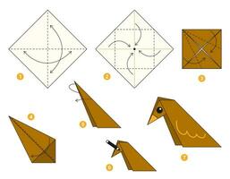 Vogel Origami planen Lernprogramm ziehen um Modell. Origami zum Kinder. Schritt durch Schritt Wie zu machen ein süß Origami Vogel. Vektor Illustration.
