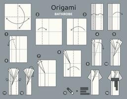 Bademantel Origami planen Lernprogramm ziehen um Modell. Origami zum Kinder. Schritt durch Schritt Wie zu machen ein süß Origami Bademantel oder Kimono. Vektor Illustration.