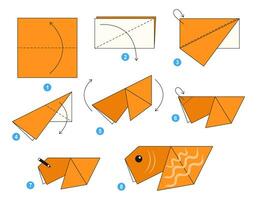 guldfisk origami schema handledning rör på sig modell. origami för ungar. steg förbi steg på vilket sätt till göra en söt origami fisk. vektor illustration.
