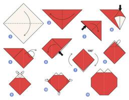 Tomate Origami planen Lernprogramm ziehen um Modell. Origami zum Kinder. Schritt durch Schritt Wie zu machen ein süß Origami Gemüse. Vektor Illustration.