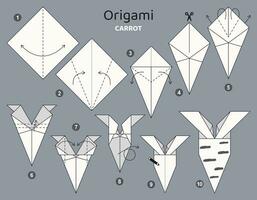 Karotte Origami planen Lernprogramm ziehen um Modell. Origami zum Kinder. Schritt durch Schritt Wie zu machen ein süß Origami Gemüse. Vektor Illustration.