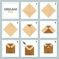 Uggla origami schema handledning rör på sig modell. origami för ungar. steg förbi steg på vilket sätt till göra en söt origami fågel. vektor illustration.