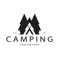 Jahrgang und retro Zelt Logo, Camping. mit Zelt, Baum und Lagerfeuer unterzeichnen. Abenteurer, Pfadfinder, Kletterer, Camping Ausrüstung Center vektor