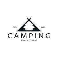 Jahrgang und retro Zelt Logo, Camping. mit Zelt, Baum und Lagerfeuer unterzeichnen. Abenteurer, Pfadfinder, Kletterer, Camping Ausrüstung Center vektor