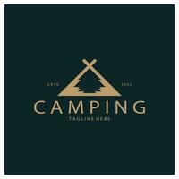 Jahrgang und retro Zelt Logo, Camping. mit Zelt, Baum und Lagerfeuer unterzeichnen. Abenteurer, Pfadfinder, Kletterer, Camping Ausrüstung Center vektor