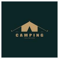 Jahrgang und retro Zelt Logo, Camping. mit Zelt, Baum und Lagerfeuer unterzeichnen. Abenteurer, Pfadfinder, Kletterer, Camping Ausrüstung Center vektor