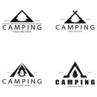 årgång och retro tält logotyp, camping. med tält, träd och bål tecken. äventyrare, scouter, klättrare, camping Utrustning Centrum vektor