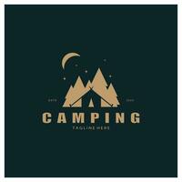 Jahrgang und retro Zelt Logo, Camping. mit Zelt, Baum und Lagerfeuer unterzeichnen. Abenteurer, Pfadfinder, Kletterer, Camping Ausrüstung Center vektor