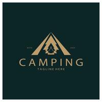 Jahrgang und retro Zelt Logo, Camping. mit Zelt, Baum und Lagerfeuer unterzeichnen. Abenteurer, Pfadfinder, Kletterer, Camping Ausrüstung Center vektor