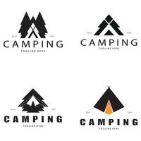 Jahrgang und retro Zelt Logo, Camping. mit Zelt, Baum und Lagerfeuer unterzeichnen. Abenteurer, Pfadfinder, Kletterer, Camping Ausrüstung Center vektor