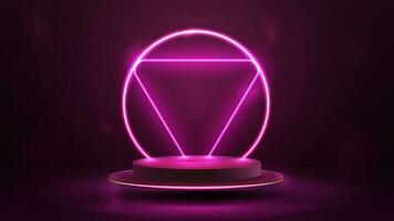 leeren Rosa Podium schwebend im das Luft mit Rosa Neon- Ring und Dreieck auf Hintergrund. vektor