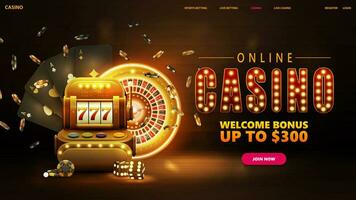 online Kasino, Gold Banner zum Webseite mit Schnittstelle Elemente, Titel mit Gold Lampe Glühbirnen, Gold Kasino Slot Maschine mit schwarz spielen Karten, Neon- Gold Roulette, Würfel und Chips vektor