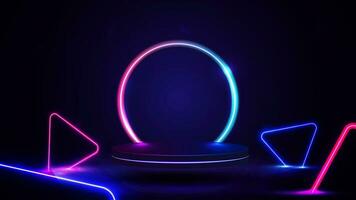 leeren Podium mit Linie Gradient Neon- Ring auf Hintergrund und Neon- Blau und Rosa Dreiecke um. 3d machen. Illustration mit abstrakt Szene mit Rosa und Blau Neon- Rahmen vektor