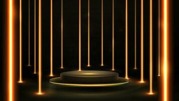 Gold leeren Podium schwebend im das Luft im dunkel Szene mit Mauer von Linie Vertikale Gold Neon- Lampen um vektor