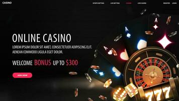online Kasino, herzlich willkommen Bonus, schwarz Banner mit Angebot, Slot Maschine, Kasino Roulette, Poker Chips und Neon- spielen Karten auf dunkel Hintergrund vektor