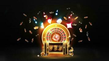 schwarz Poster mit Neon- Gold Slot Maschine, Neon- Kasino Roulette, Poker Chips und spielen Karten auf dunkel Hintergrund vektor