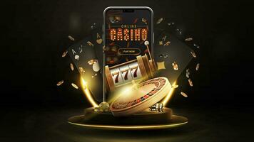 Podium mit Smartphone, Kasino Slot Maschine, Kasino Roulette , Karten und Poker Chips im dunkel Gold Szene. vektor