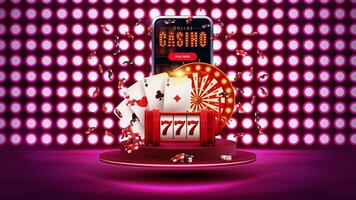 Smartphone mit Kasino Slot Maschine, Roulette, spielen Karten, Poker Chips auf Podium schwebend im das Luft auf Hintergrund mit Mauer von runden Beleuchtung im dunkel Szene vektor
