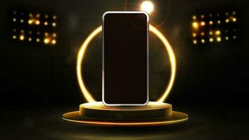 Smartphone auf realistisch leeren Gold Podium schwebend im das Luft mit Gold Neon- Ring auf Hintergrund und Scheinwerfer vektor