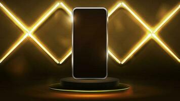 Smartphone auf Gold leeren Podium im dunkel Szene mit Mauer von Linie Rhombus Gold Neon- Lampen vektor