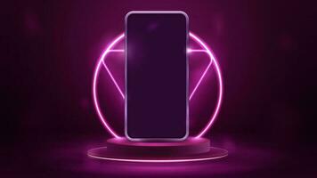 Smartphone auf Podium mit Rosa Neon- Ring und Dreieck Rahmen auf Hintergrund vektor