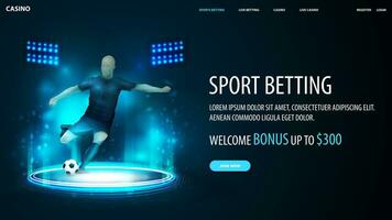 sporter vadhållning, blå baner med fotboll spelare inuti blå portal tillverkad av digital ringar i mörk tömma scen vektor
